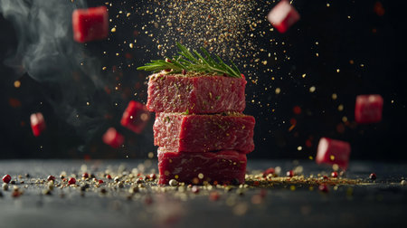 Flying Fresh Raw Beef Cubes, Seasoned with Herbs, Peppercorns on Black Background. Culinary Concept.の素材