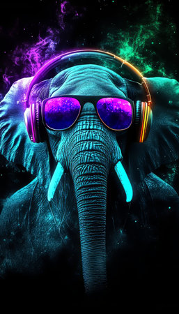 Neon Party Elephant DJ Cool Elephant with Headphones and Sunglasses on Colorful Background.の素材