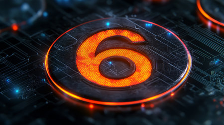 Glowing 3D Number 6 in Futuristic Style on Digital Abstract Background with Circuitryの素材