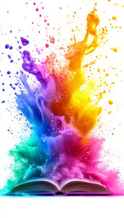 Open Book With A Vibrant Paint Explosion On A White Background, Ideal For Creative Projects.の素材