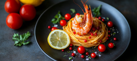 Gourmet Pasta Dish with Shrimp, Cherry Tomatoes, Lemon, and Herbs. Close Up View on Dark Background.の素材