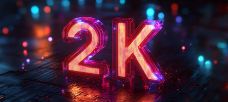 Glowing 2K Neon Sign on Futuristic, Abstract Background, Celebration Concept, 3D Renderの素材