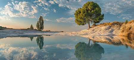 Scenic View of Pamukkale Natural Pools and Travertine Terraces with Trees, Denizli, Turkeyの素材