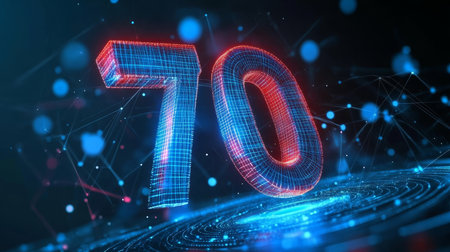 Glowing Digital Number 70 on Futuristic Technological Background, Abstract 3D Illustration.の素材