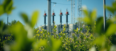 Summertime Power Lush Green Foliage Frames a Vibrant Electrical Substation Under a Blue Skyの素材
