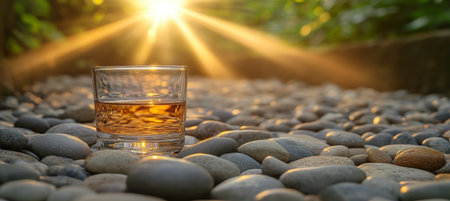 A Glass Of Whiskey Bathed In Warm Golden Light, Rests Peacefully On A Bed Of Smooth Stonesの素材