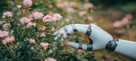 Robotic Hand Exploring Delicate Pink Flowers, Illustrating the Harmony Between Technology and Natureの素材