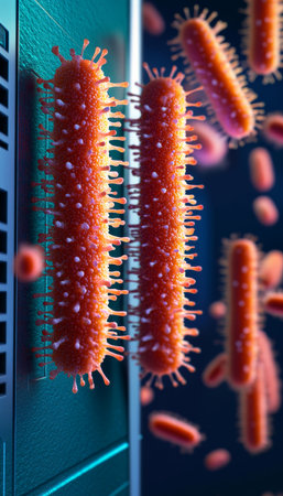 Microscopic View of Bacteria Cells on an Abstract Blue and Pink Background, Scientific Illustrationの素材