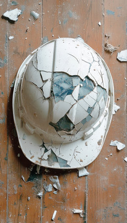 Damaged Hard Hat on Wooden Floor Symbol of Construction Risks and the Importance of Safety Gear.の素材