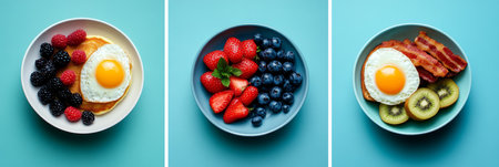 Three Healthy Breakfast Options Eggs, Bacon, Berries, and Fruit on a Blue Backgroundの素材