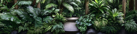 Lush Tropical Foliage Wall With A Variety Of Green Plants, Including Anthurium, Epiphytes, And Fernsの素材