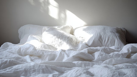 Sun-Drenched Serenity Minimalist Bedroom Interior with Unmade Bed and Crisp White Linensの素材