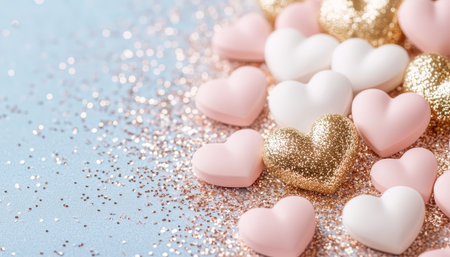 Pink, White, and Gold Valentine s Day Heart Background, Gentle Gradient, Glittery Overlayの素材