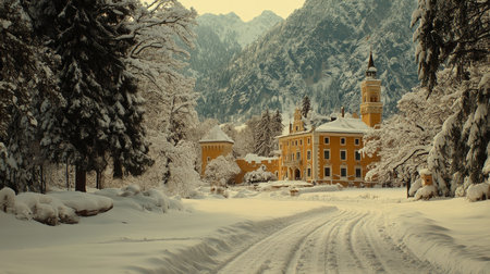 Fairytale Castle in Winter Wonderland, Picturesque View of Snowy Landscape with Majestic Mountainsの素材