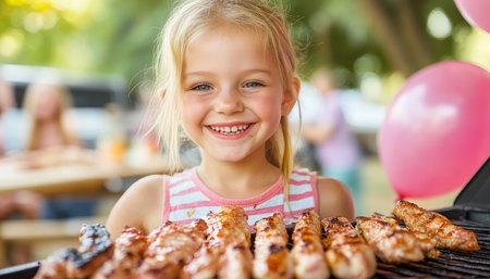 Girl Smiling With Grilled Sausages At A Backyard Barbecue Party With Balloons And Picnic Tablesの素材