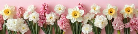 White Daffodils and Pink Hyacinths on Trendy Powdery Rose Pink backdrop - Spring Blooms backgroundの素材