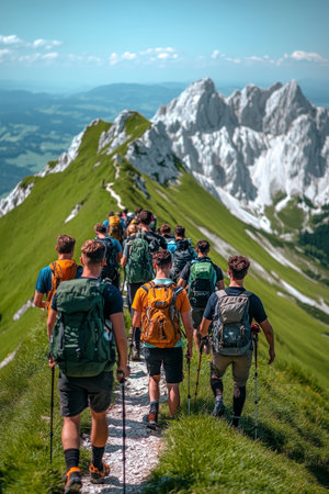 Friends Hiking Mountain Trail A Scenic Adventure with Lush Greenery and Breathtaking Viewsの素材