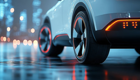 Electric Car, City Lights, and Wet Asphalt A Vision of Urban Mobility and Innovationの素材
