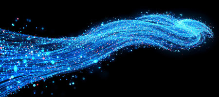 Abstract Swirling Stream of Vibrant Blue Particles on a Black Background, Digital Artの素材
