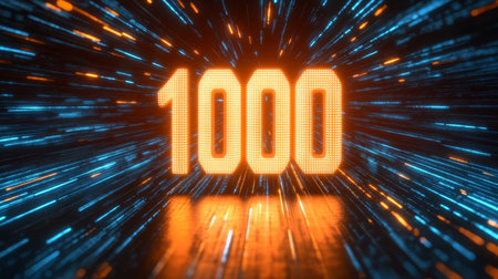 Glowing 3D Number 1000 on Futuristic Technology Background, Digital Celebration Banner.の素材