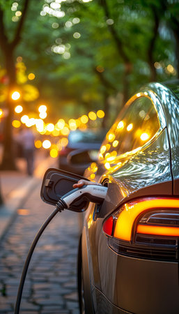 Urban Evening Commute Electric Vehicle Charging in the City, with Hand Holding Chargerの素材