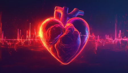 Neon Red Glowing Anatomically Accurate Heart with EKG Line Vector, Medical Backgroundの素材