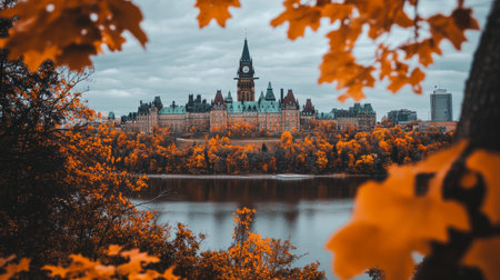 Canadian Parliament Building Reflected in River Framed by Autumn Leaves, Ottawa, Canadaの素材