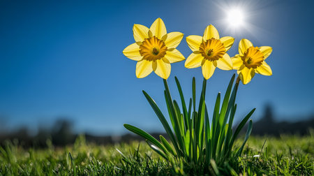 Three Vibrant Yellow Daffodils in Bloom, Bathed in Spring Sunlight Against a Clear Blue Skyの素材