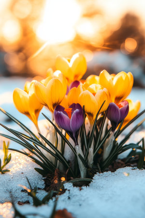Spring s First Bloom Vibrant Yellow and Purple Crocuses Emerge from Melting Snow at Sunsetの素材