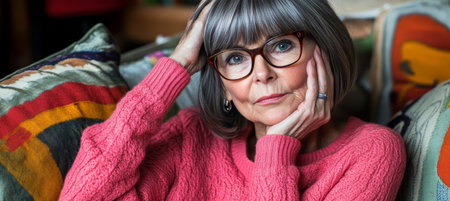 Close-Up Portrait, Mature Woman with Glasses, Expressing Discomfort, Touching Her Faceの素材