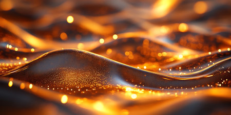 Luxury Golden Liquid Texture, Metallic Abstract Background With Illumination And Bokeh Lights.の素材