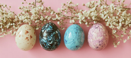 Easter background. Row of marbled blue, pink and speckled Easter eggs with white little flowersの素材