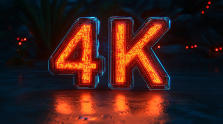 Futuristic Glowing 4K Sign on Abstract Background Technology, Entertainment, Resolution Conceptの素材