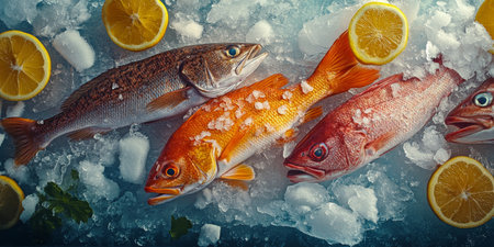 Fresh Catch Trio Vibrant Red, Speckled White, and Sunset-Hued Fish Adorned with Citrus on Iceの素材