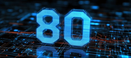 Blue Glowing Digital Big 3D Number 80 in Futuristic Style on Digital Abstract Backgroundの素材