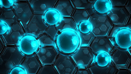 Cyberpunk Background, Glowing Spheres, Blue Hexagon Grid Lines, Network, Digital Illustration.の素材