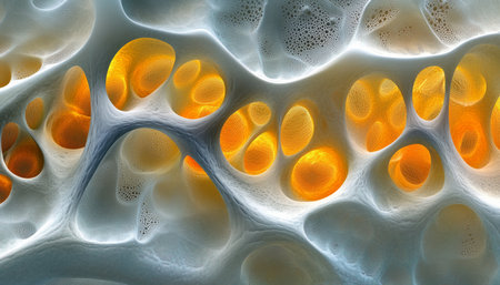 Abstract Network Of Glowing Cells, Bright On White Background, Complex Geometric Organic Pathwaysの素材