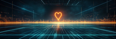 Neon Heartbeat Line on Futuristic Grid, Digital Background with Glowing Lines and Data Visualizationの素材