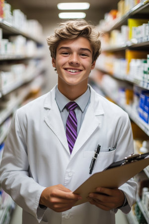 Smiling Pharmacist With Clipboard in Pharmacy Aisle, Stocked Shelves, Natural Daylightの素材