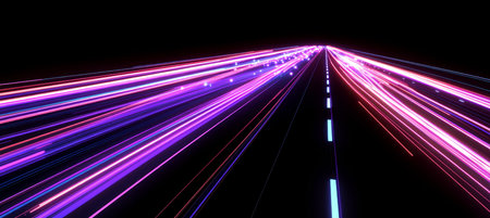 Neon Highway Streaks, Futuristic Road Lines, and Abstract Light Trails on a Dark Backgroundの素材