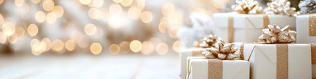Closeup Festive White and Gold Wrapped Christmas Gifts, Shallow Depth of Field, Holiday Backgroundの素材