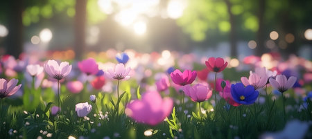 Dreamy Garden, Soft Focus Floral Landscape, Blurred Background, Vibrant Colors, Sunrays, Bokehの素材