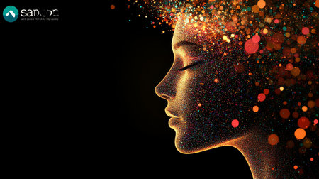 Digital Spark Female Face Profile Composed of Shimmering Particles on a Black Backgroundの素材