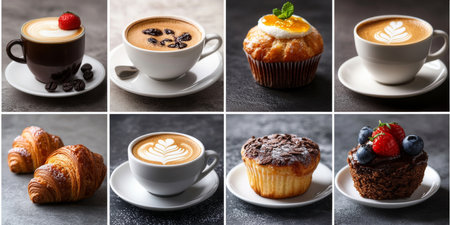 Collage Of Freshly Brewed Coffee, Cappuccino, Latte, Espresso, Tasty Croissants, Muffin, And Cakeの素材