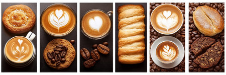 Collage of Aromatic Coffee and Delicious Pastries Cappuccino, Latte Art, Freshly Baked Goodsの素材
