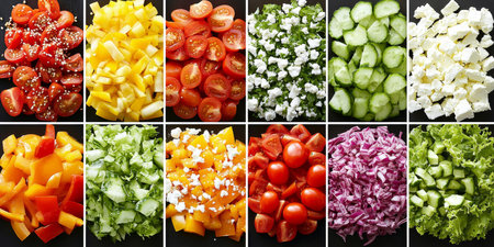 Vibrant Salad Ingredients Collage Freshly Chopped Lettuce, Tomatoes, Cucumbers, and Moreの素材