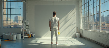 Man in White, Paint Roller in Hand, Preparing to Paint a Light Gray Wall in a Spacious Sunlit Roomの素材