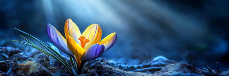 Vibrant Purple and Gold Flower Glowing in Sunlight, Abstract Nature Background, Springの素材