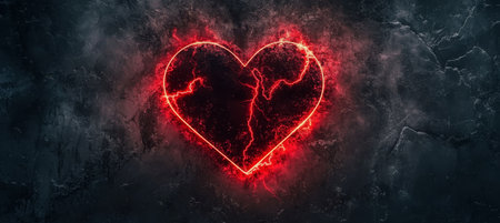 Fiery Heartbreak A Glowing Neon Heart with Cracks on Textured Dark Grunge Background.の素材