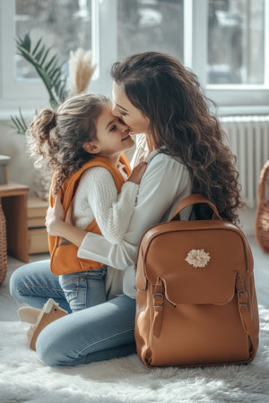 Loving Mother Helps Her Young Daughter With Backpack Get Ready for School in Cozy Living Roomの素材